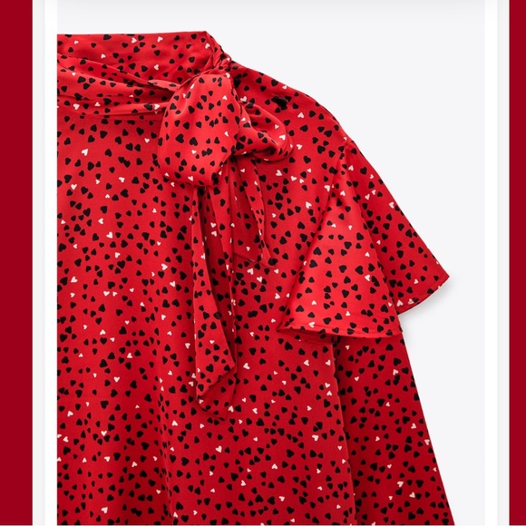 Zara red satin heart patterned tiered pussybow blouse - Picture 7 of 14